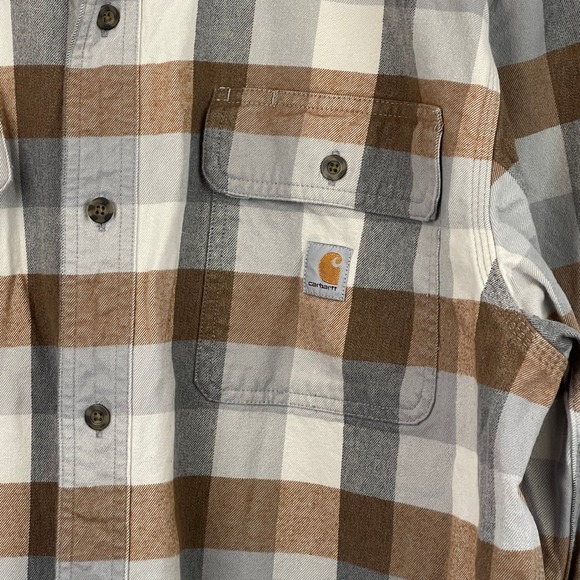 Carhartt Flannel Shirt Mens XL Loose Fit 100% Cotton Soft Warm Tan Gray Plaid - Picture 6 of 10